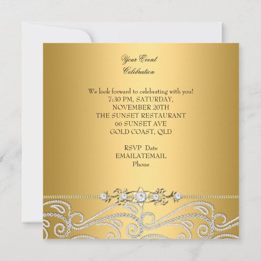 Invitation Silver Diamond Blanc Or Elégante fête d'anniversai (Dos)