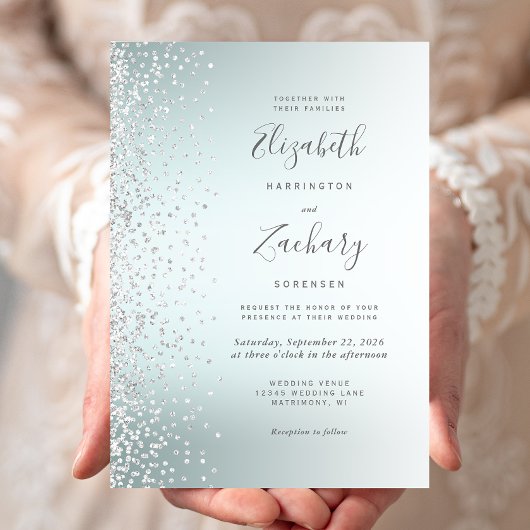Invitation Silver Diamond Confetti Aqua Ombre Mariage