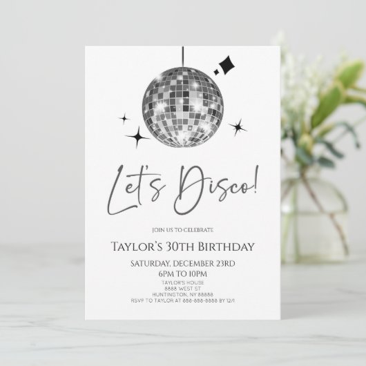 Invitation Silver Disco Ball Let's Disco fête d'anniversaire (Debout devant)