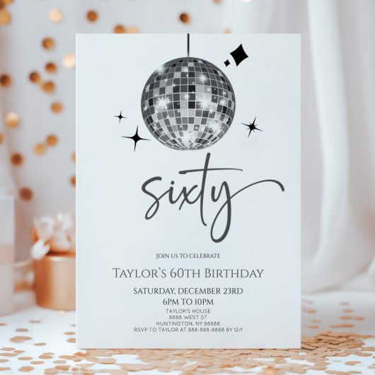 Invitation Silver Disco Ball Soixante 60e fête d'anniversaire