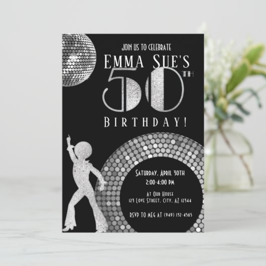 Invitation Silver Disco Ball Studio 54 Party 50e anniversaire (Debout devant)