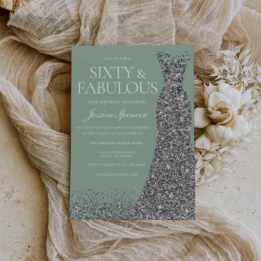 Invitation Silver Dress & Sage Sixty & Fabulous 60th Birthday