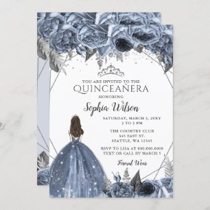 Invitation Silver Dusty Blue Floral Princesse Quinceañera