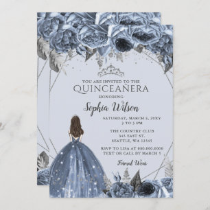 Invitation Silver Dusty Blue Floral Princesse Quinceañera