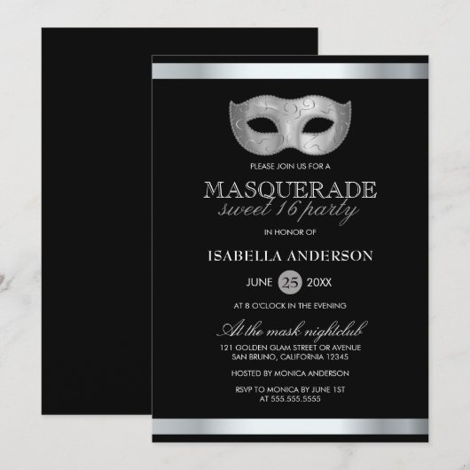 Invitation Silver élégant & Black Masquerade Sweet 16 Party (Devant / Derrière)