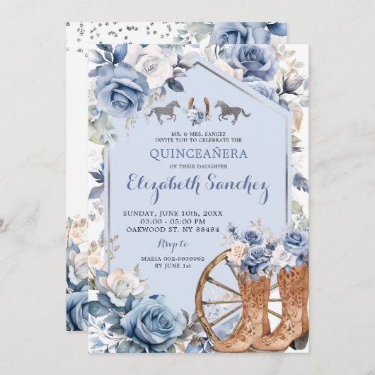 Invitation Silver et bleu Dusty Western Charra Quinceañera (Devant / Derrière)