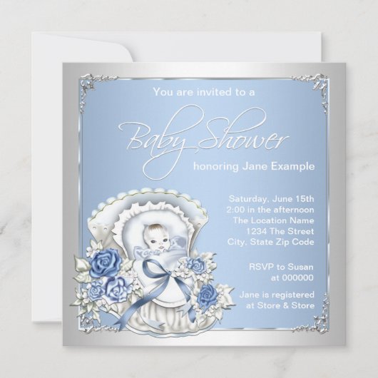 Invitation Silver et bleu Vintage bébé garçon douche (Devant)
