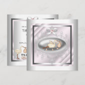 Invitation Silver et cigogne rose bébé fille douche (Devant / Derrière)
