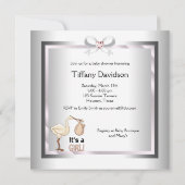 Invitation Silver et cigogne rose bébé fille douche (Dos)