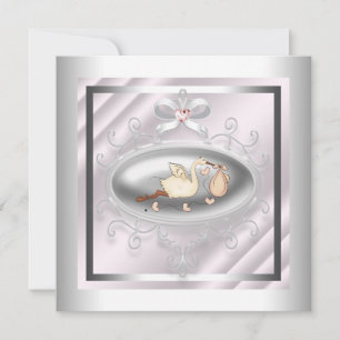 Invitation Silver et cigogne rose bébé fille douche