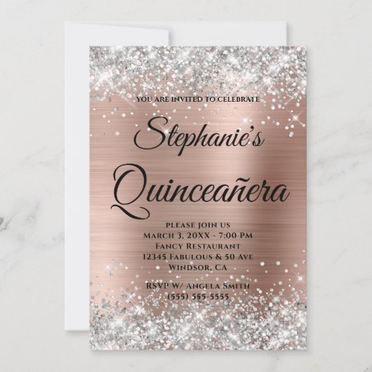 Invitation Silver et or Rose fantaisie Monogram Quinceañera (Devant)