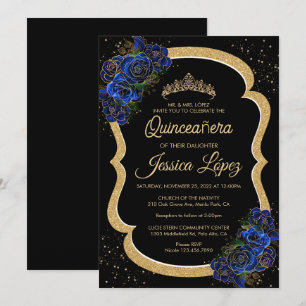 Invitation Silver et Royal Blue Roses Élégante Quinceanera