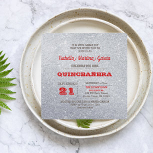 Invitation Silver et Ruby Red Sparkly Quinceañera