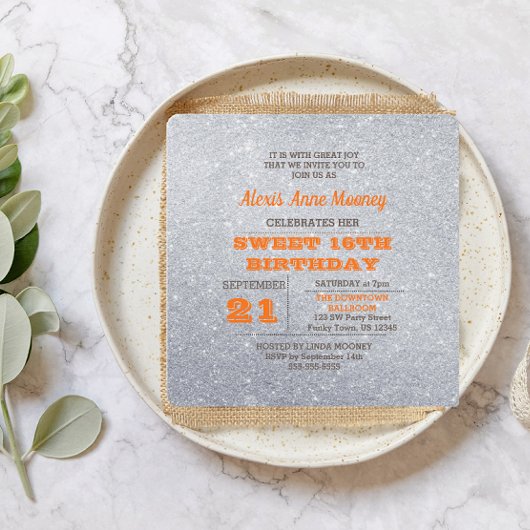Invitation Silver et Topaz Orange Parties scintillant Sweet 1