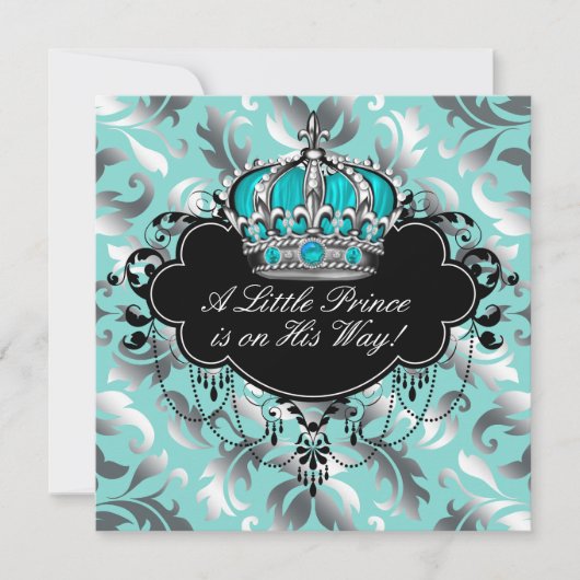 Invitation Silver et Turquoise Blue Prince Baby Boy Douche (Devant)