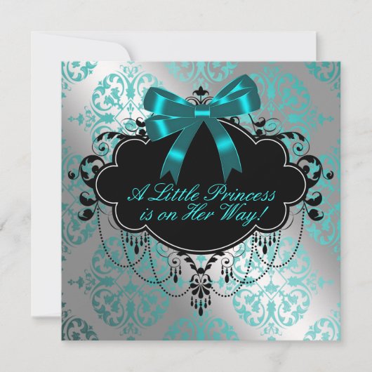 Invitation Silver et Turquoise Blue Princess Baby Girl Douche (Devant)