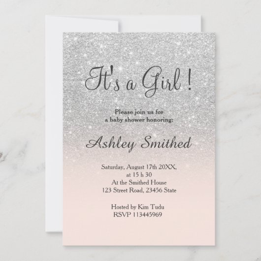 Invitation Silver faux parties scintillant rose ombre fille b (Devant)