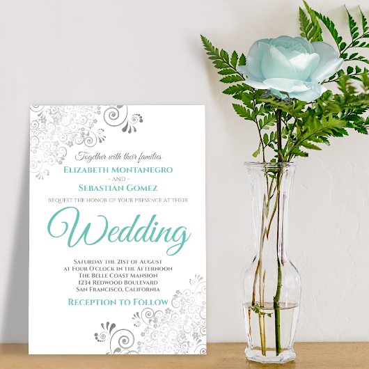 Invitation Silver Filigree Aqua et White Elegant Wedding