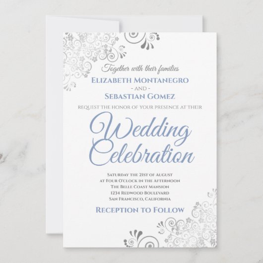 Invitation Silver Filigree Elégant Mariage bleu gris simple (Devant)
