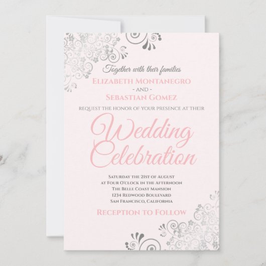 Invitation Silver Filigree Élégant Mariage rose simple (Devant)