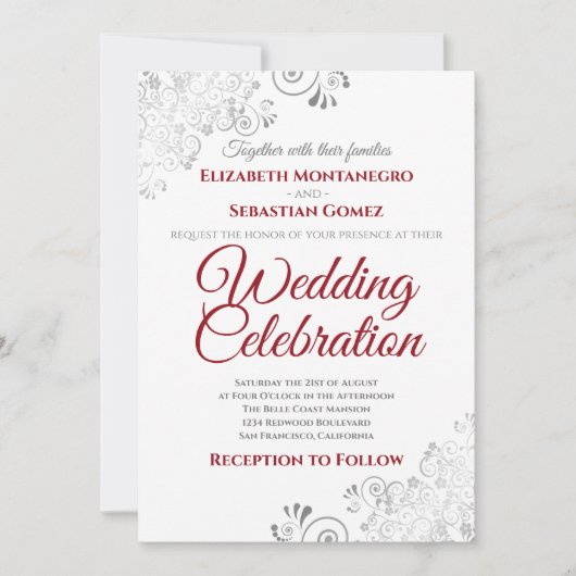 Invitation Silver Filigree Élégant Simple Mariage rouge et bl (Devant)