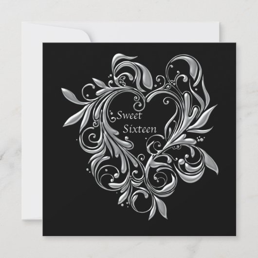Invitation Silver Filigree Heart Sweet 16 Party (Devant)
