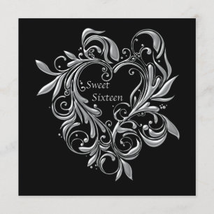 Invitation Silver Filigree Heart Sweet 16 Party