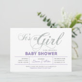 Invitation Silver | Fille, typographie moderne Baby Shower (Debout devant)