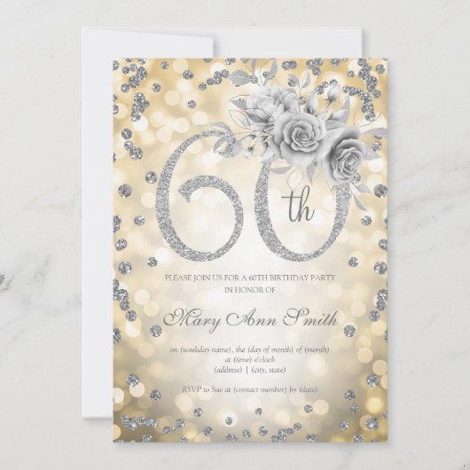 Invitation Silver Floral 60e anniversaire Glam Lights or (Devant)