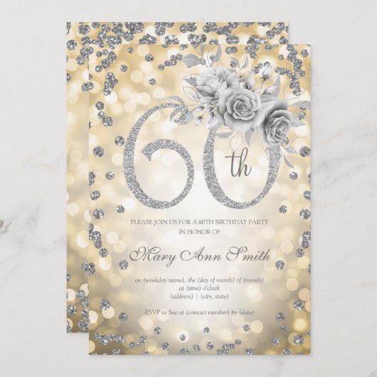 Invitation Silver Floral 60e anniversaire Glam Lights or (Devant / Derrière)