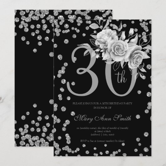Invitation Silver Floral & Confetti 30e anniversaire fête Noi (Devant / Derrière)