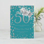 Invitation Silver Floral & Confetti 50e anniversaire fête Tur (Debout devant)