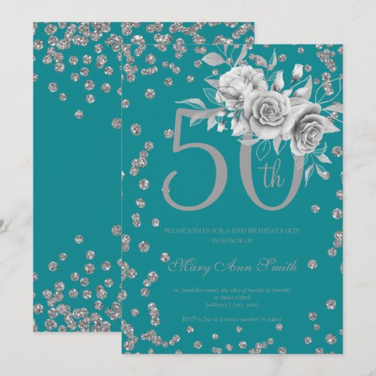 Invitation Silver Floral & Confetti 50e anniversaire fête Tur (Devant / Derrière)