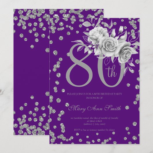 Invitation Silver Floral & Confetti 80 Anniversaire Fête viol (Devant / Derrière)