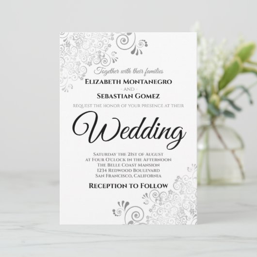 Invitation Silver Floral Filigree Élégant Mariage chic (Debout devant)