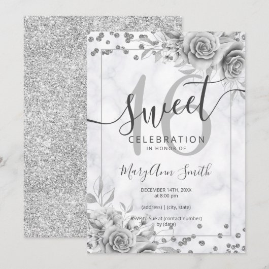 Invitation Silver Floral Sweet 16 Anniversaire Marbre Parties (Devant / Derrière)