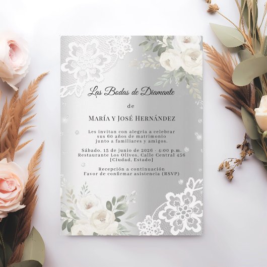 Invitation Silver Florals Invitación Bodas de Diamante