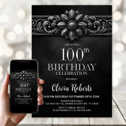 Invitation Silver Flower Black 100th Birthday Party