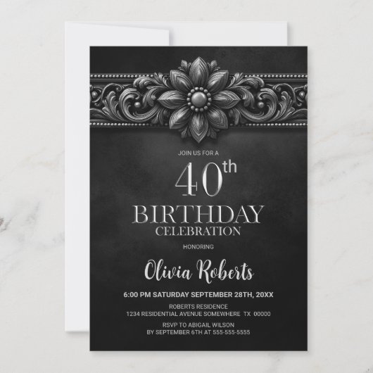 Invitation Silver Flower Black 40th Birthday Party (Devant)