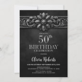 Invitation Silver Flower Black 50th Birthday Party (Devant)