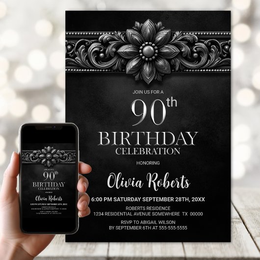 Invitation Silver Flower Black 90th Birthday Party
