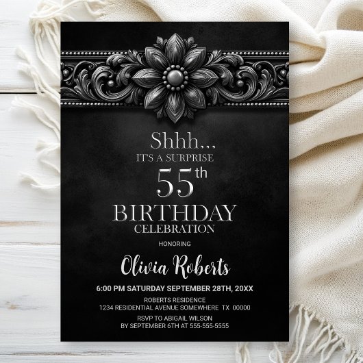 Invitation Silver Flower Black Surprise 55th Birthday Party