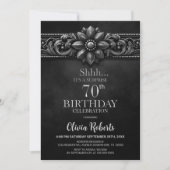 Invitation Silver Flower Black Surprise 70th Birthday Party (Devant)