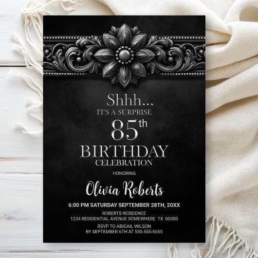 Invitation Silver Flower Black Surprise 85th Birthday Party