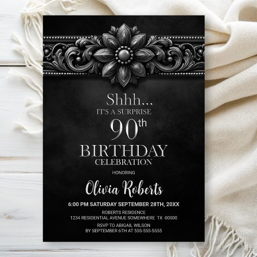 Invitation Silver Flower Black Surprise 90th Birthday Party