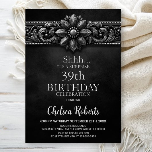 Invitation Silver Flower Black Surprise Birthday Party