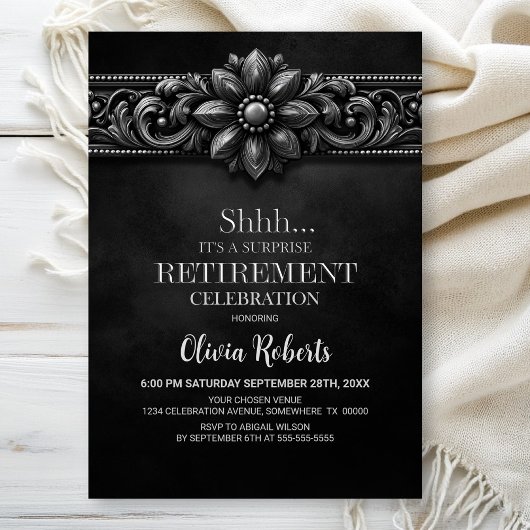 Invitation Silver Flower Black Surprise Retirement Party