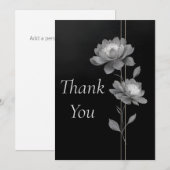 Invitation Silver Flowers & Lines on Black Thank You Card (Devant / Derrière)