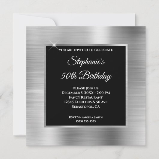 Invitation Silver Foil Black Overlay 50e anniversaire (Devant)
