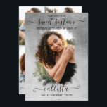 Invitation Silver Foil Halo photo Collage Sweet 16<br><div class="desc">Cette jolie et girly sweet sixteen anniversaire photo collage invitation est parfait pour la fille branchée et élégante. Il est doté d'un halo de brossage en papier argent faux imprimé sur une grande photo de fonction et d'une élégante typographie manuscrite de script cursif. Sur le dos, quatre images personnalisables et...</div>